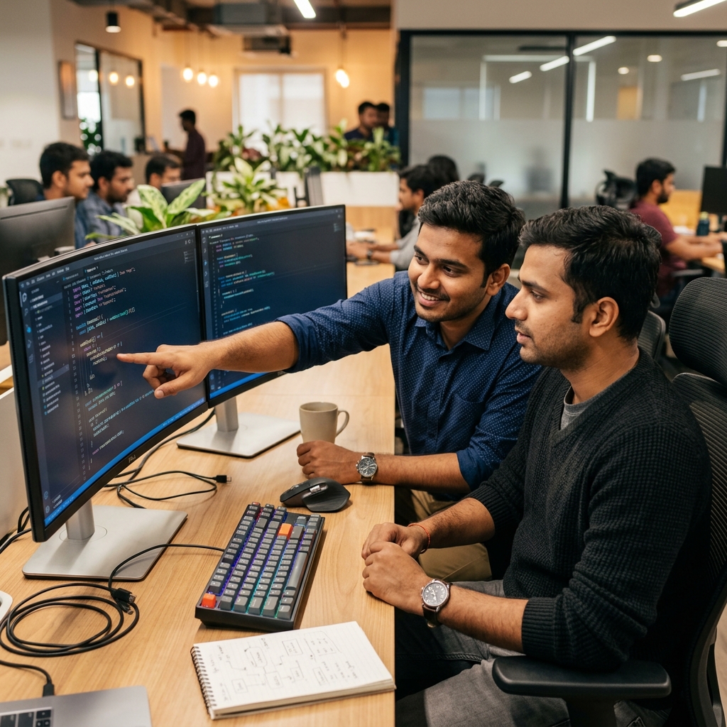 Indian developers pair programming at Visital Technologies office